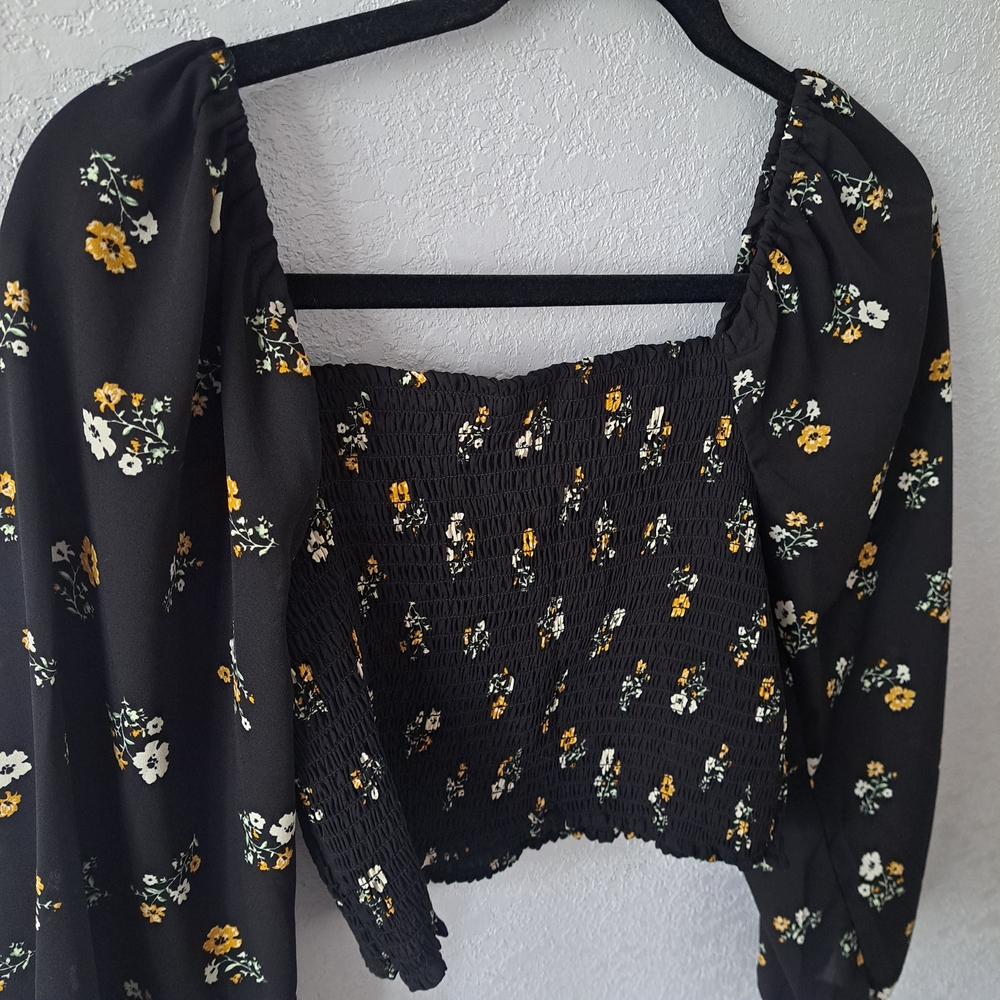 Love Tree Black Floral Smocked Blouse - Picture 2 of 5